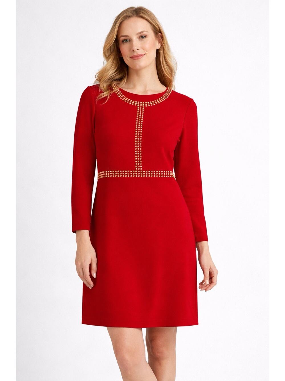 Misook Dress Small Red Studded Acrylic Knit Long Sleeve Cocktail Elegant